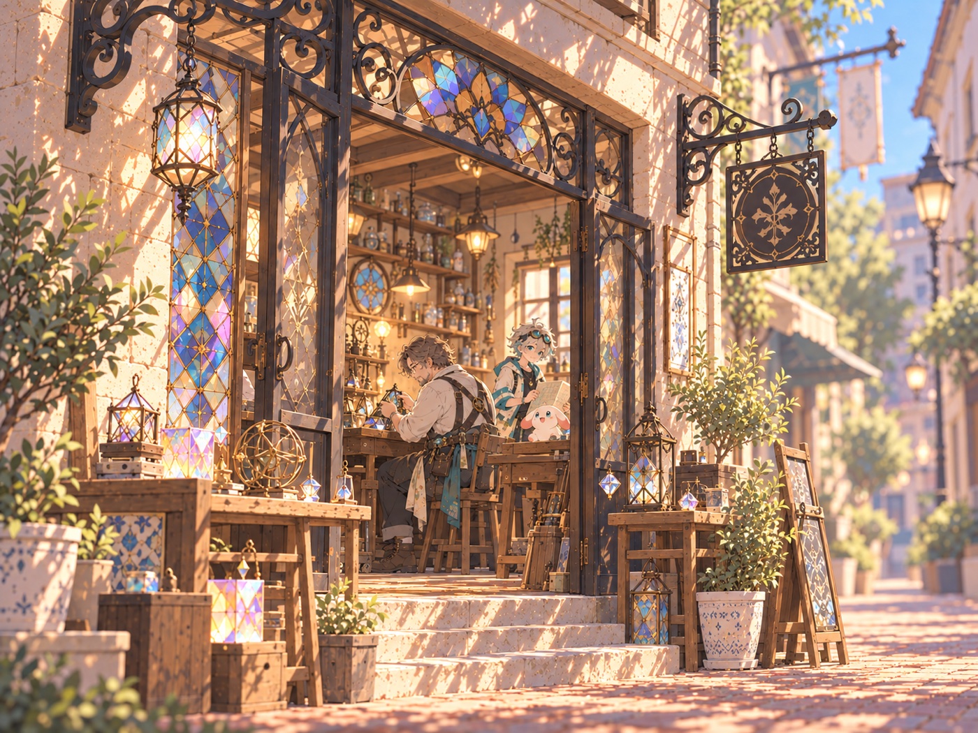 Ren and Nono visiting Patch's sunlit workshop, filled with stained glass and handmade objects